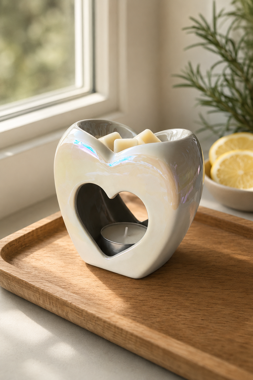 A Pearl Heart Wax Melt Burner heart-shaped ceramic candle warmer with a heart-shaped cutout, shown on a wooden tray near a window with lemon slices and greenery in the background.