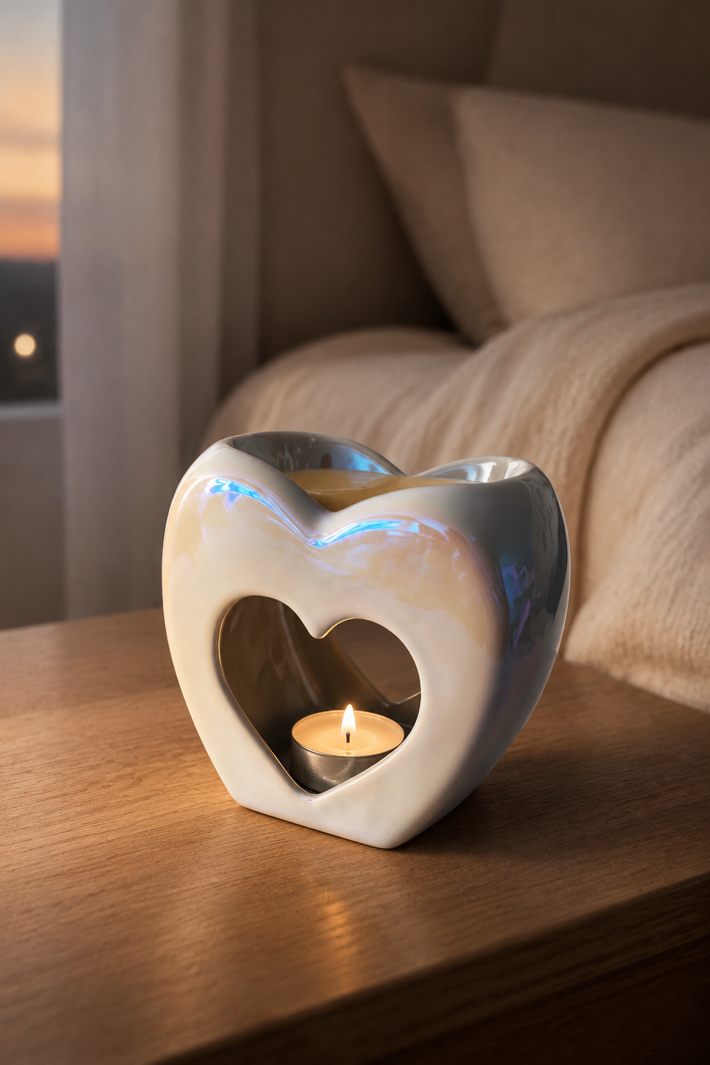 A Pearl Heart Wax Melt Burner heart-shaped ceramic candle holder with a lit tea light candle inside, placed on a wooden bedside table in a softly lit bedroom.