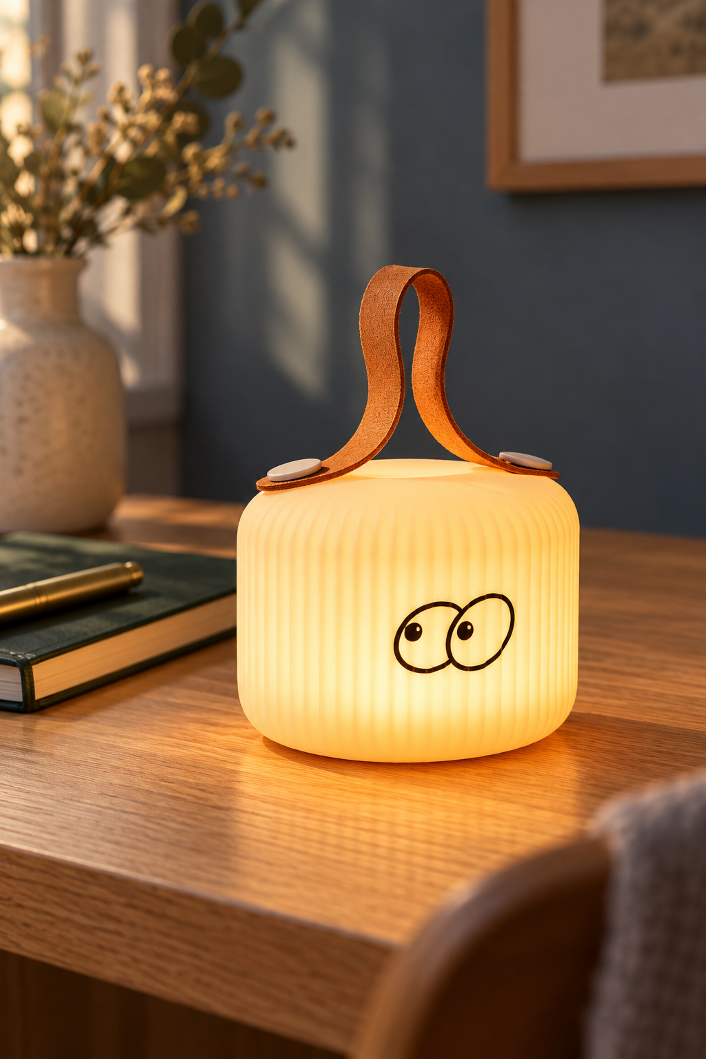 Mochi Peek lamp with sideways-looking eyes on a light oak desk beside a green notebook.