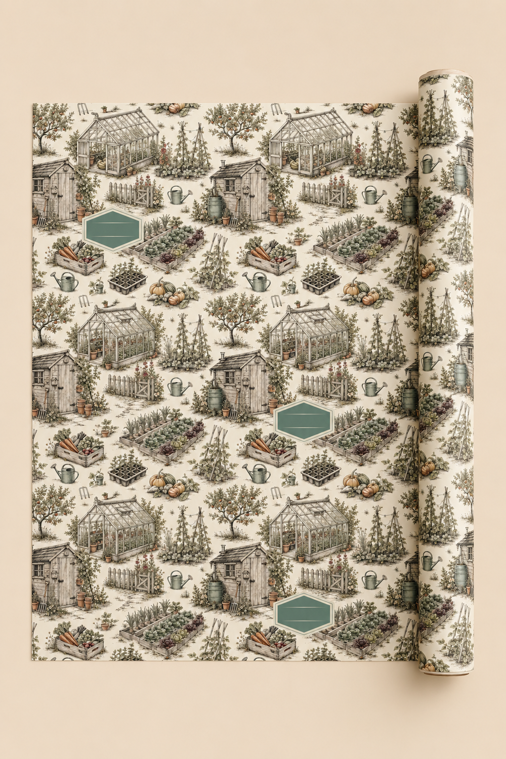 A roll of personalise your own wrapping paper with a detailed garden and greenhouse toile pattern on a warm cream background, displayed against a solid beige backdrop.