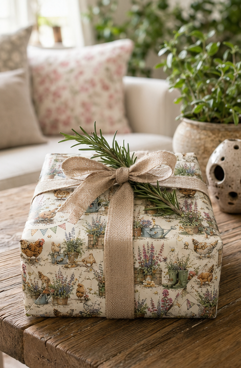 A gift box wrapped in Personalised Chicken Wrapping Paper with a rustic garden-themed print, tied with a natural burlap ribbon and topped with a green sprig, sitting on a wooden table in a cozy living room setting.