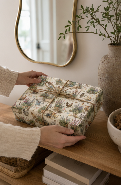 A person in a cream knit sweater holds a square gift box wrapped in a Personalised Chicken Wrapping Paper with a rustic twine bow, set on a wooden shelf in a styled home interior.