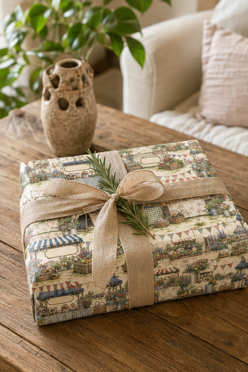 A gift box wrapped in Personalised Country Show Wrapping Paper, tied with a natural burlap ribbon and a green sprig, sitting on a rustic wooden table.