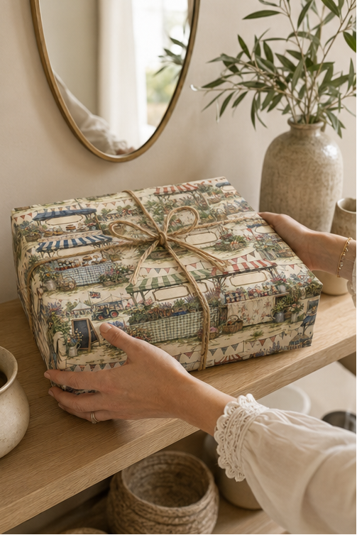 A gift box wrapped in a Personalised Country Show Wrapping Paper and tied with a twine bow, being held by hands on a wooden shelf in a warm, styled interior setting.