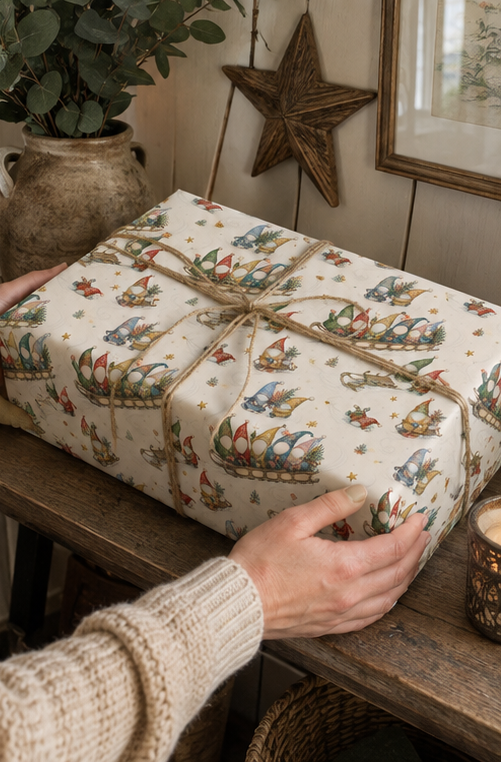 Personalised Christmas wrapping paper featuring seven customer-supplied faces on colourful gonks racing downhill on a wooden sledge, with seven corresponding names printed along the side. The pencil-sketch pattern also includes gonks hauling sledges, carrying fir trees and tumbling through snow, with gold stars, small trees and sledge tracks on warm ivory.