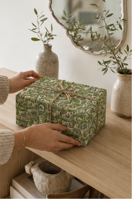 A square gift box wrapped in Personalised Hedgehog Garden Wrapping Paper and tied with a twine bow, resting on a light wood shelf in a styled interior setting with ceramic vases and a mirror.