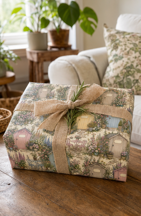 A gift box wrapped in a vintage Personalised Pastel Shed Village Wrapping Paper tied with a burlap ribbon and decorated with a sprig of rosemary, sitting on a wooden table in a cozy living room setting.