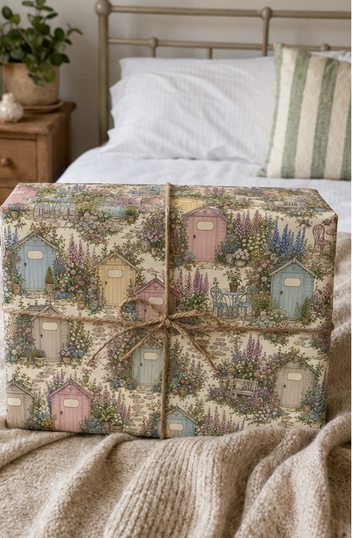 A gift box wrapped in a vintage-style garden shed patterned paper and tied with a twine bow, placed on a beige knit blanket in front of a bed.