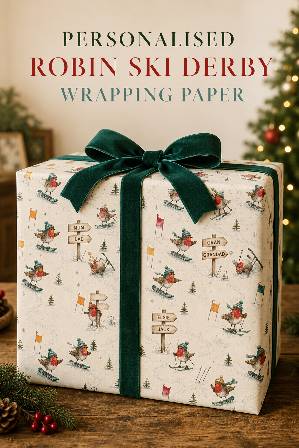 Bobble-hatted robins ski, snowboard and tumble down a snowy course while three wooden signposts display six names or short messages chosen by you. Personalised Christmas gift wrap for families and winter-sports fans.