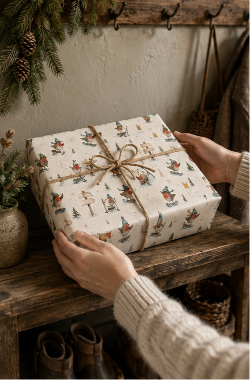 Bobble-hatted robins ski, snowboard and tumble down a snowy course while three wooden signposts display six names or short messages chosen by you. Personalised Christmas gift wrap for families and winter-sports fans.