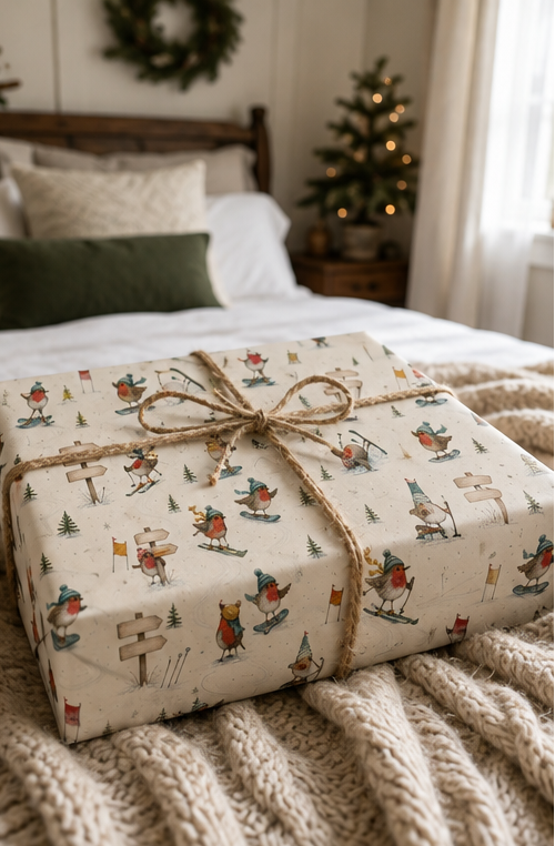Bobble-hatted robins ski, snowboard and tumble down a snowy course while three wooden signposts display six names or short messages chosen by you. Personalised Christmas gift wrap for families and winter-sports fans.