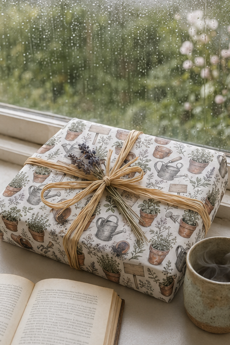 Personalised Terracotta Pot Wrapping Paper A gift box wrapped in cream-colored paper with a vintage-style botanical and garden pattern, tied with a natural jute twine bow and decorated with a small sprig of lavender. It is placed on a windowsill with a blurred rainy window background, an open book, and a ceramic mug.