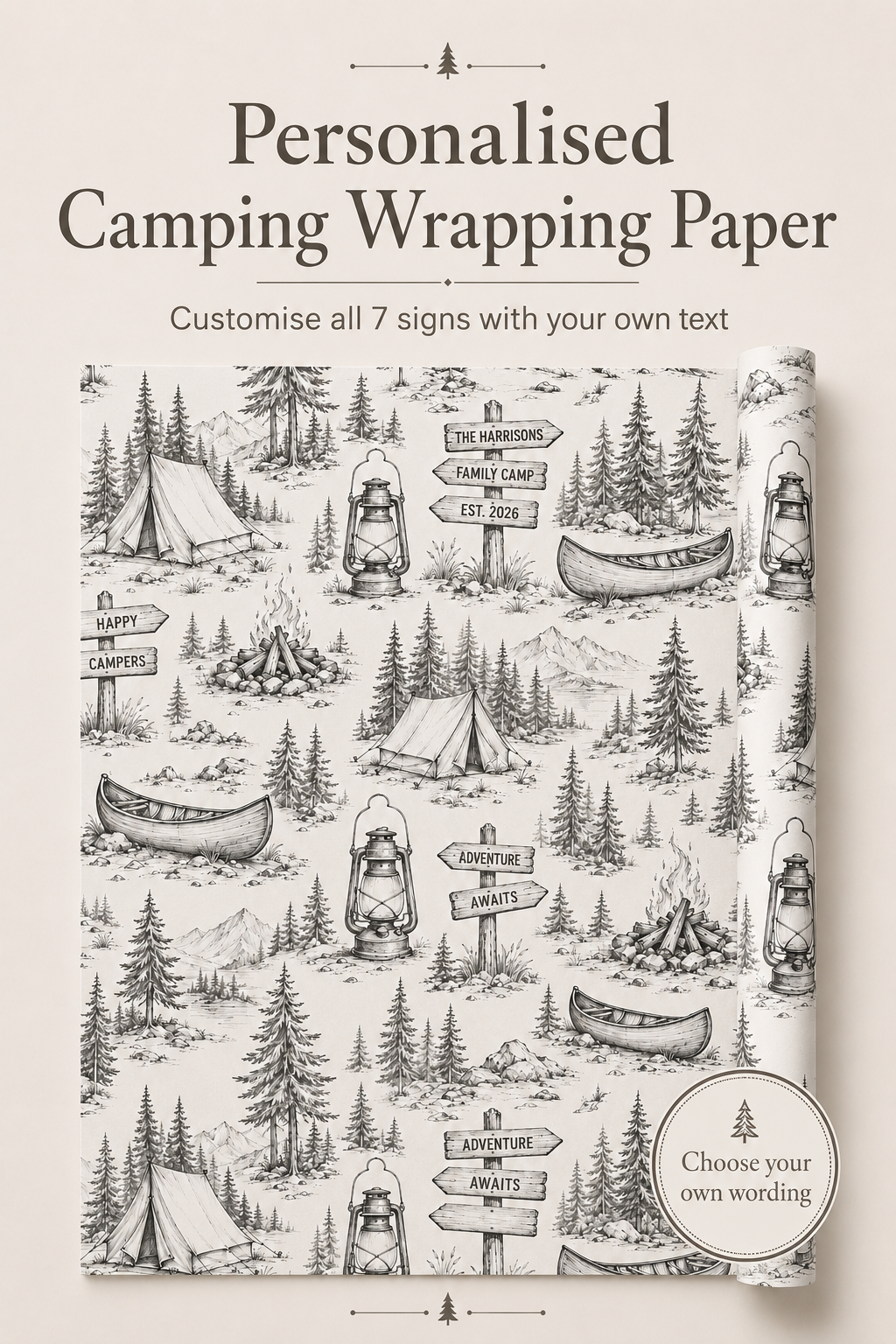 Personalised camping wrapping paper shown on a journal cover, featuring a black and white illustrated pattern of tents, campfires, canoes, mountains, and directional signs. Text at the top reads 'Personalised Camping Wrapping Paper' and a badge says 'Choose your own wording'.