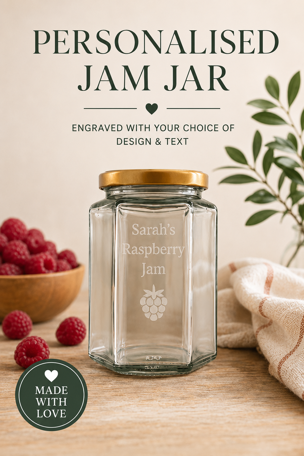 A clear glass jam jar with a gold lid sits on a wooden surface, engraved with the text 'Sarah's Raspberry Jam' and a raspberry graphic. The scene includes raspberries in a bowl, a folded cream cloth, and decorative text at the top reading 'Personalised Jam Jar' with a 'Made with Love' badge.