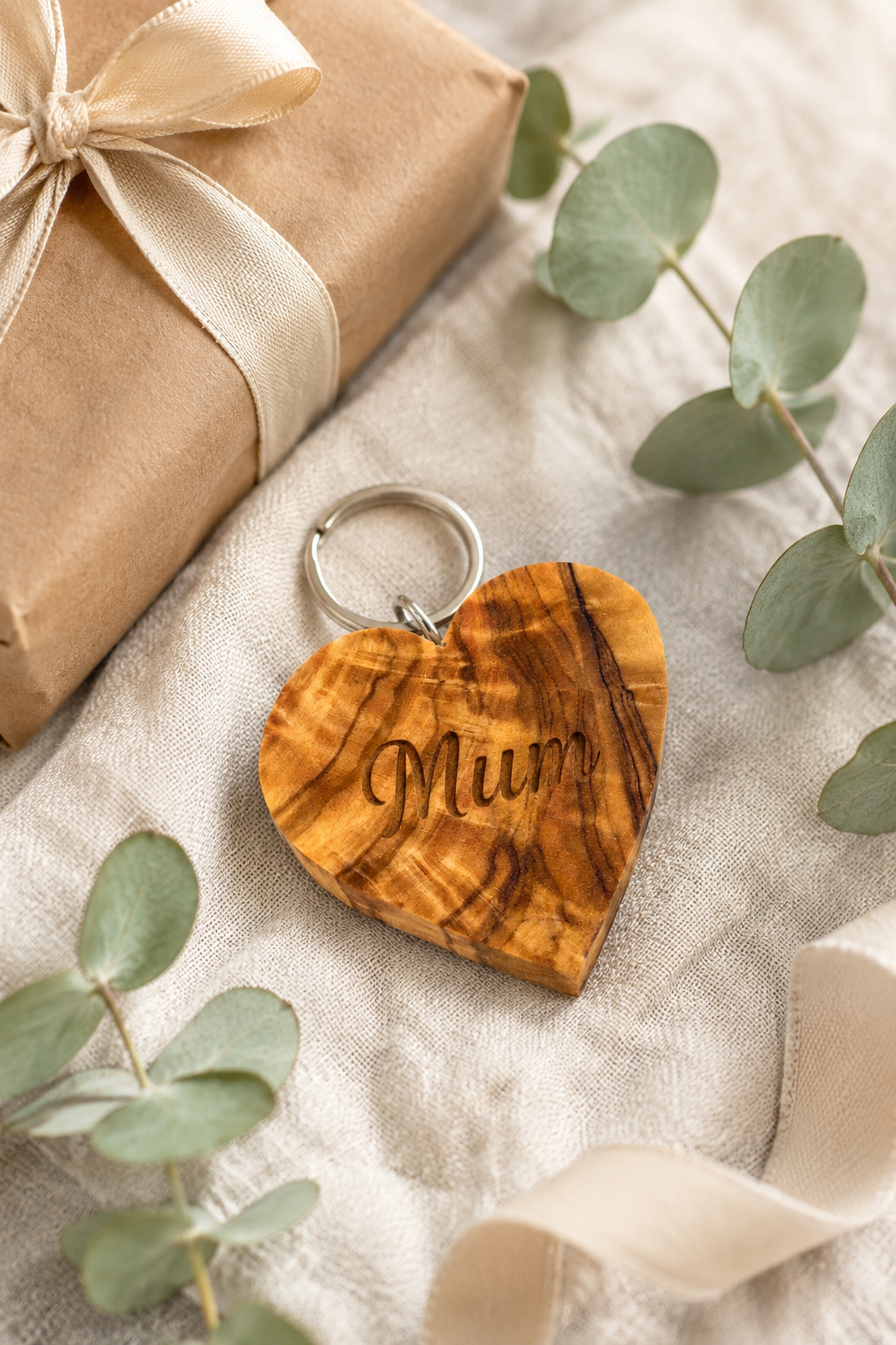 Personalised Olive Wood Heart Keyring