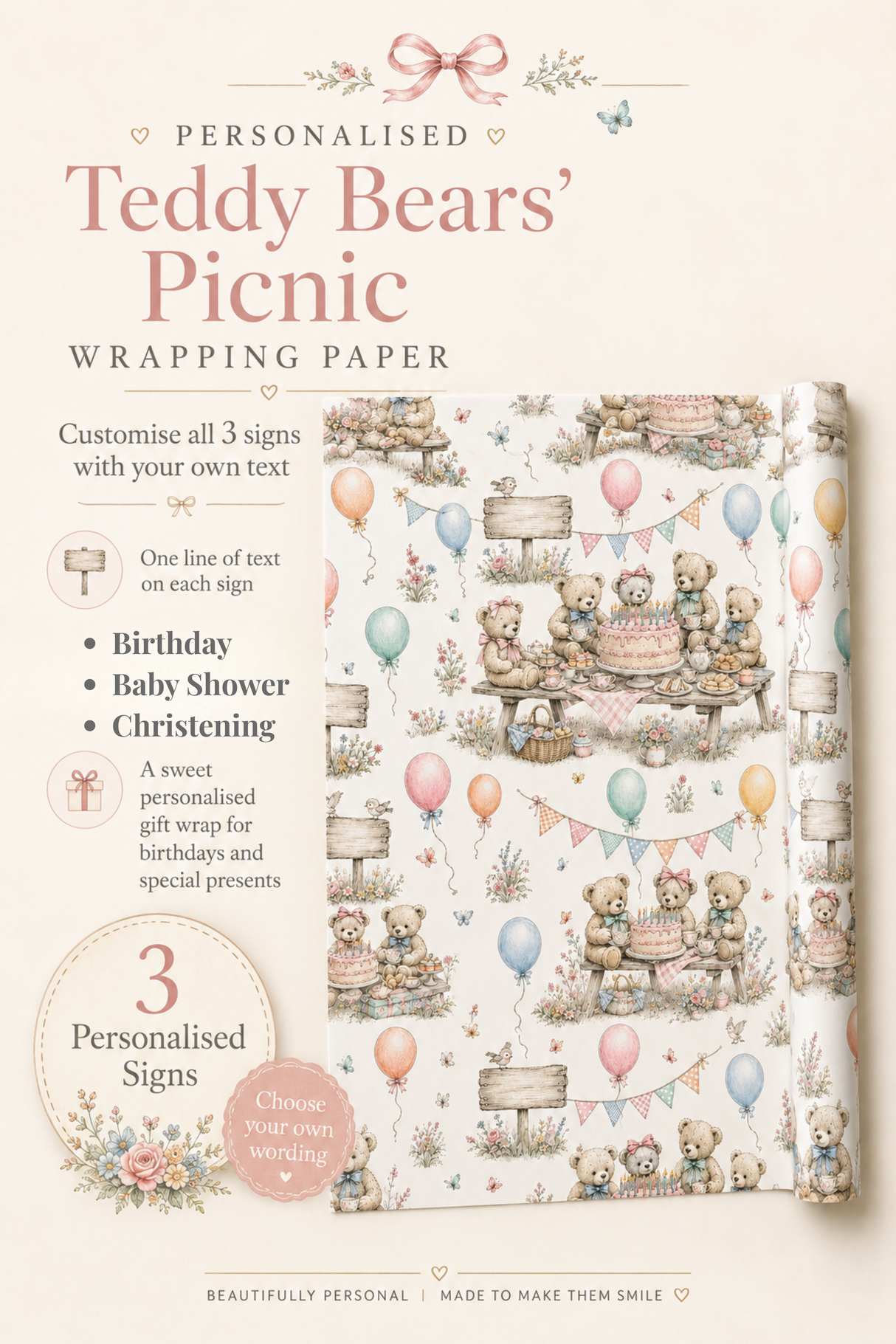 Personalised Teddy Bears’ Picnic Wrapping Paper – Custom Vintage Birthday Gift Wrap