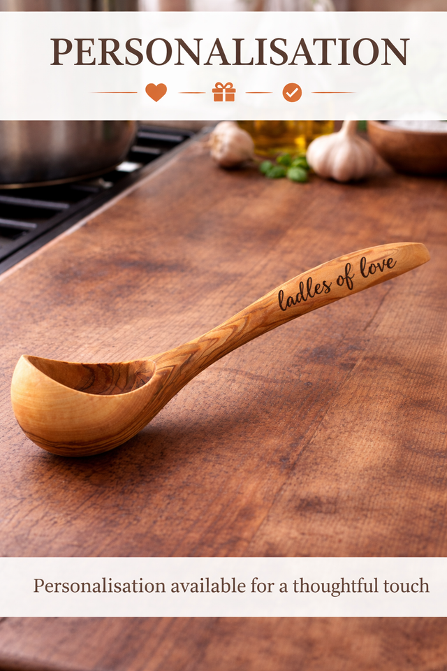 Wooden ladle with 'Ladles of Love' engraving on a wooden surface, with text about personalisation.