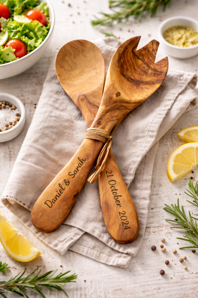 Small Olive Wood Salad Servers Set – Wooden Salad Spoon & Fork (21cm) with Optional Personalised Engraving