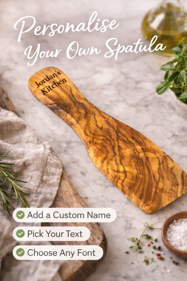 Olive Wood Raclette Spatula – Small Wooden Serving Spatula (13cm) with Optional Personalised Engraving