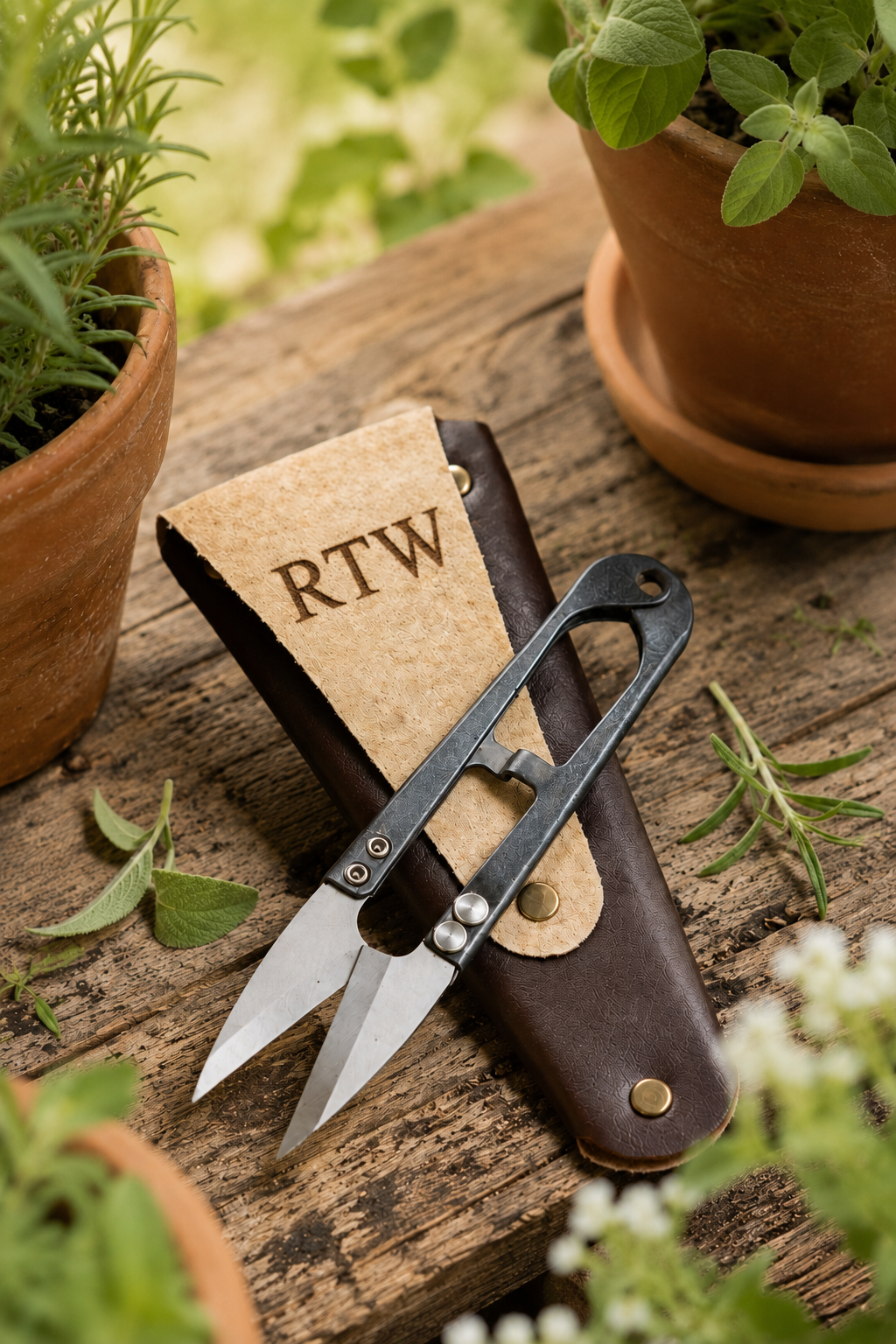 A personalised pair of small metal garden shears with a dark handle rests on a brown leather sheath marked RTW, placed on a rustic wooden surface with potted plants around it.
