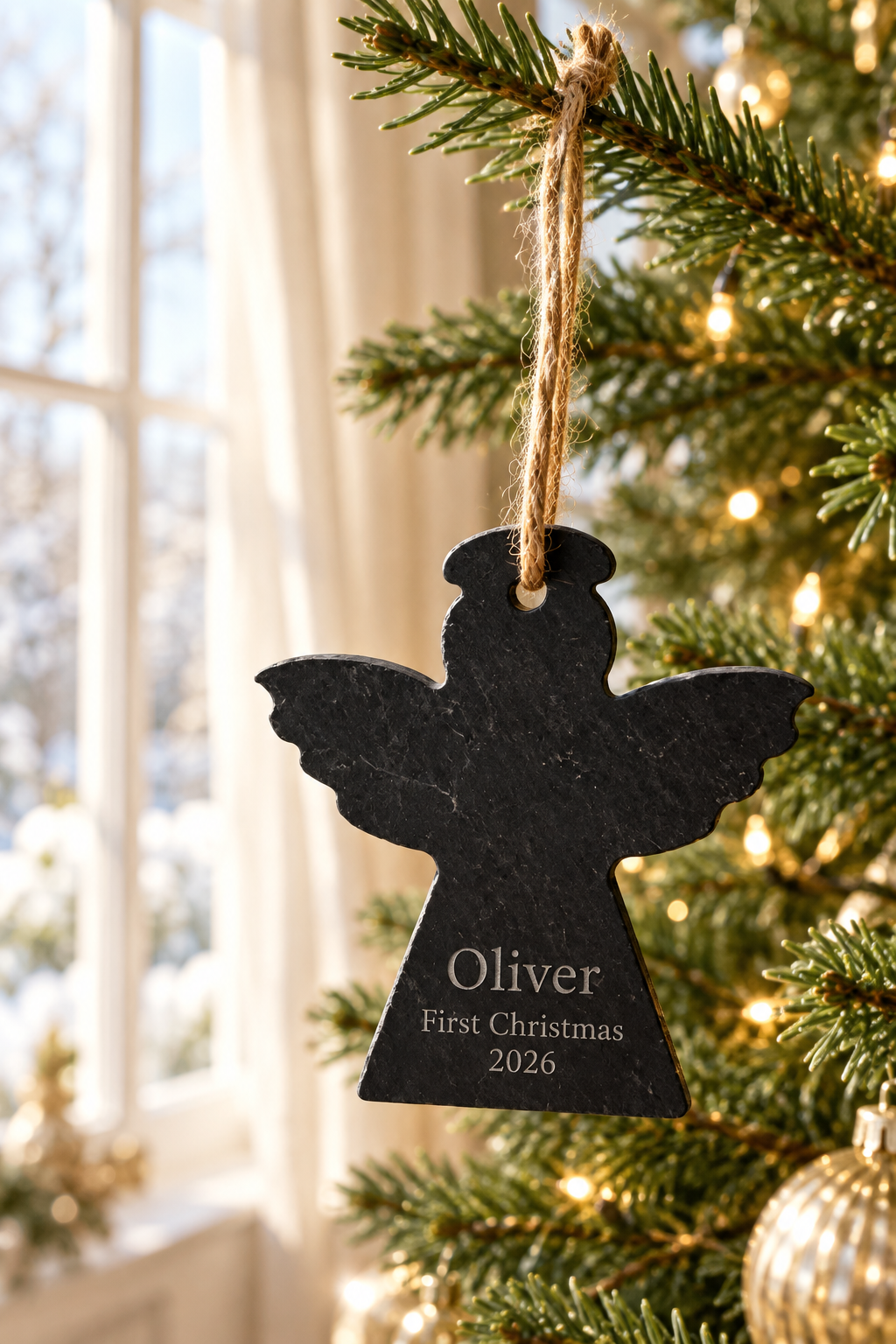 A black slate angel-shaped Christmas ornament hanging from a tree branch with a twine loop. The ornament is engraved with the name 'Oliver', 'First Christmas', and '2026' in white text.