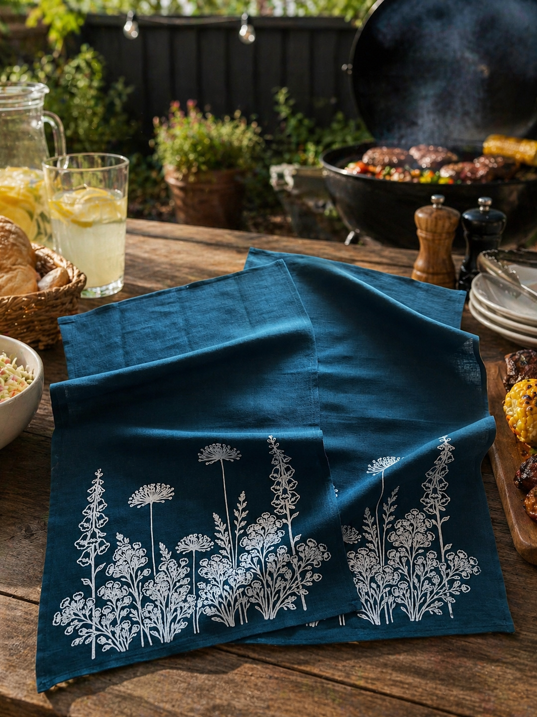 Blue hand printed linen tea towels with floral patterns on a wooden table outdoors.
