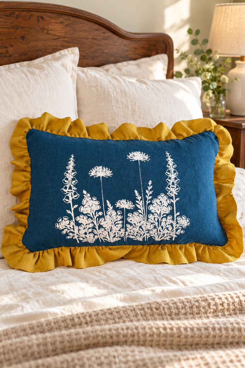 Blue 50 × 30cm Florilegium cushion with mustard ruffle on ivory bedding beneath a wooden headboard.