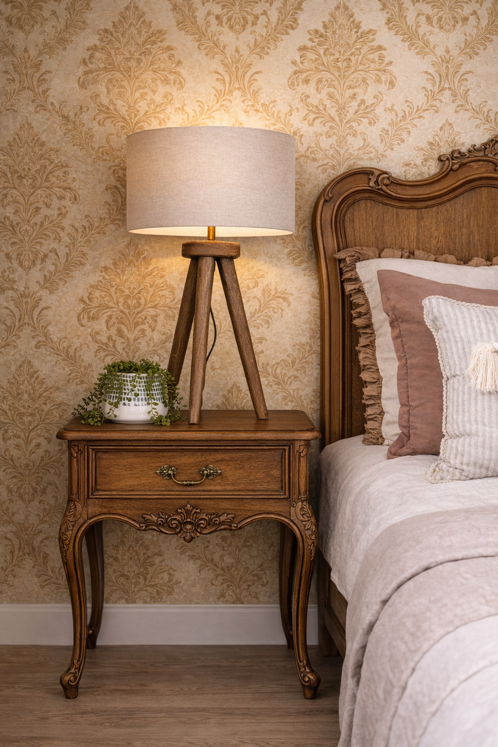 Wooden nightstand with lamp next to a bed with decorative pillows against a patterned wall.