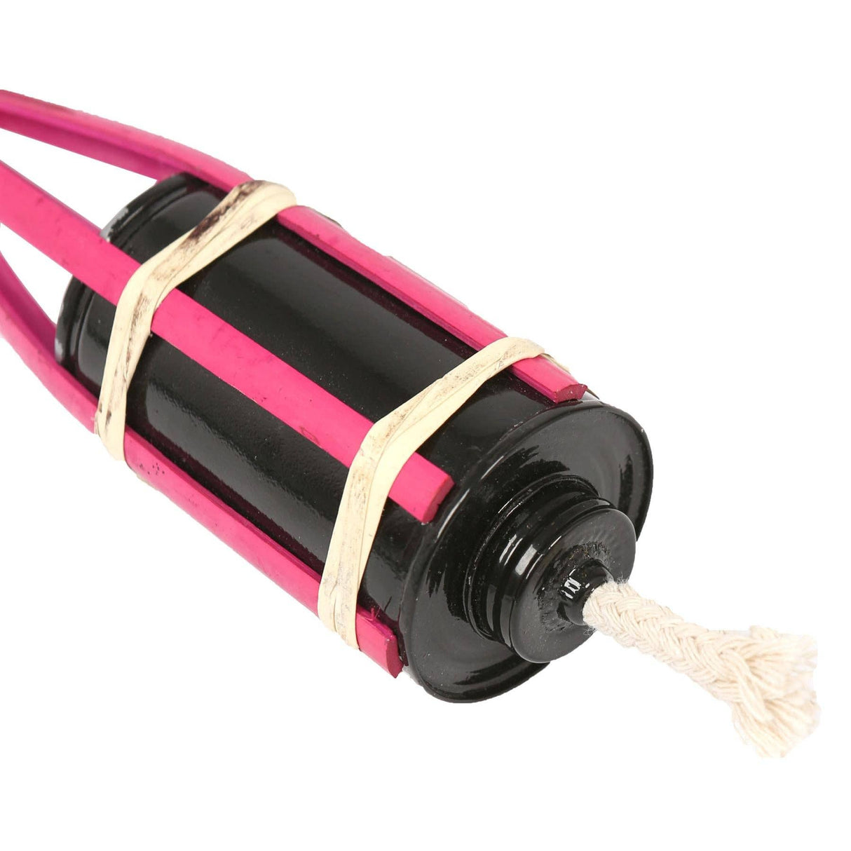 Black cylindrical object with pink wrap and beige string on a white background
