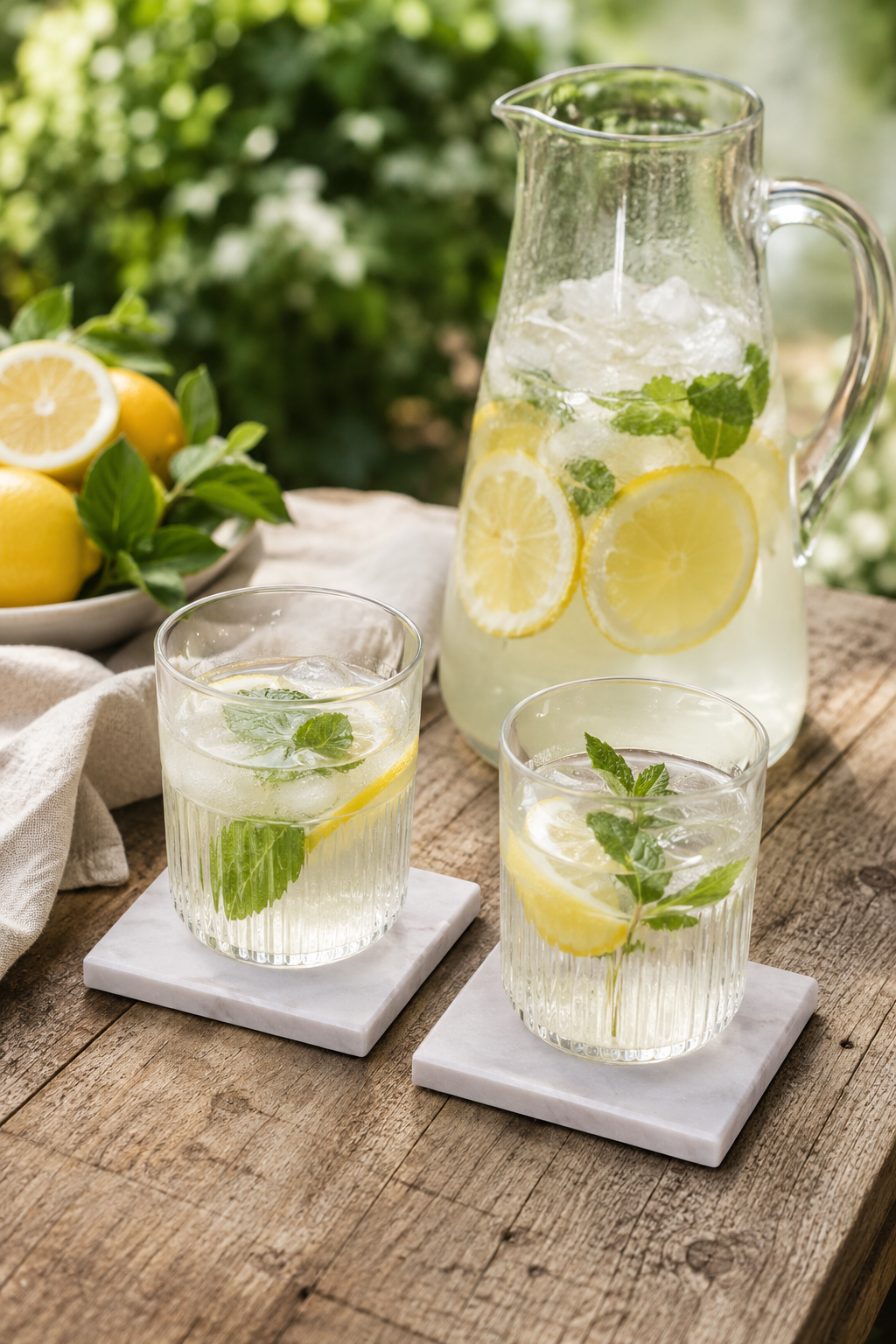 marble coasters, clear jug and glasses filled with lemonade and mint leaves on a wooden table.