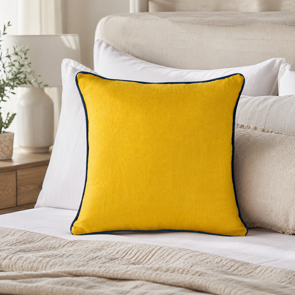 Plain mustard linen cushion cover with deep blue piping styled on a bed with white and natural bedding.