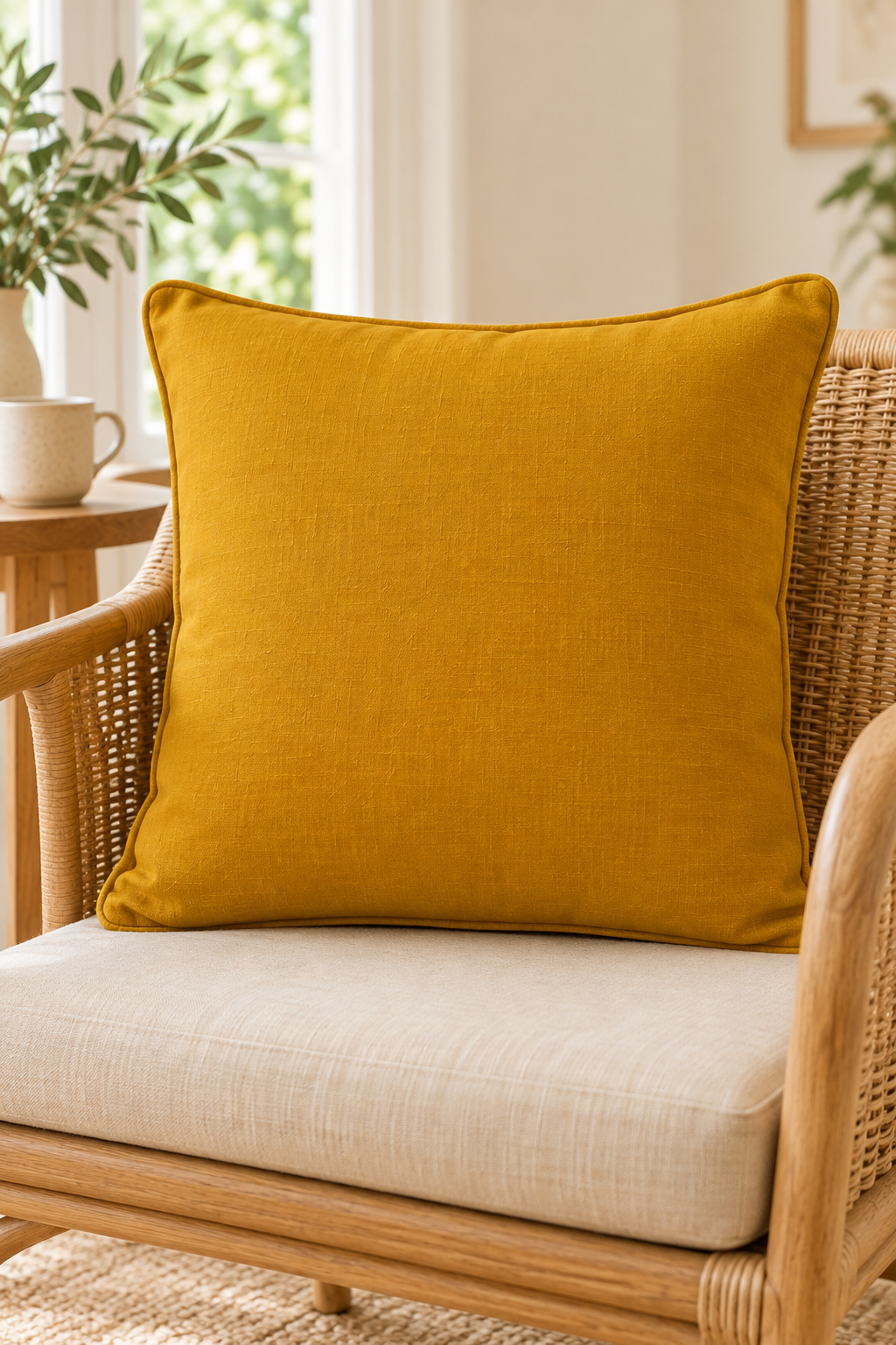 Plain mustard linen cushion cover with piped edge styled on a wicker chair.