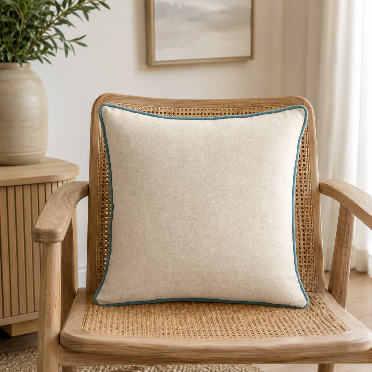 Plain natural linen cushion cover with duck egg piping styled on a wicker chair.