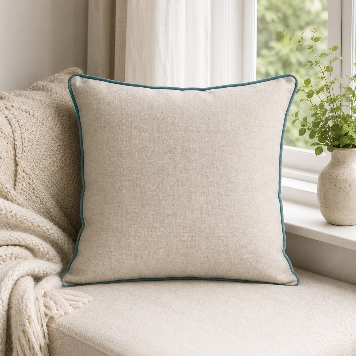 Plain natural linen cushion cover with duck egg piping styled on a window seat.