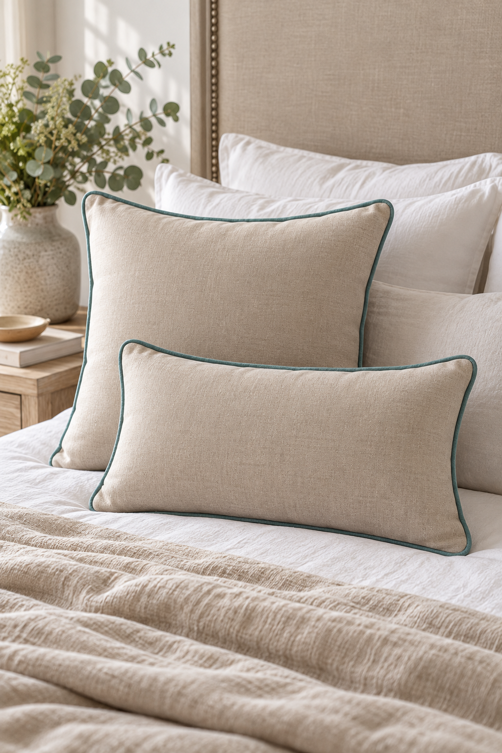 A linen cushion with duck egg piping, styled on a bed with white sheets and a neutral headboard.