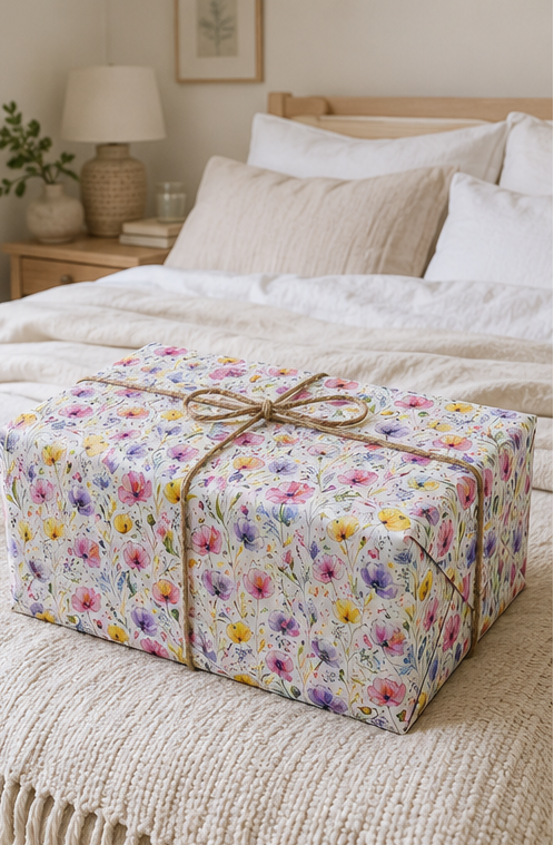 A square gift box wrapped in white wrapping paper with a colorful floral print and tied with a brown twine bow, placed on a beige knit blanket in a softly lit bedroom.
