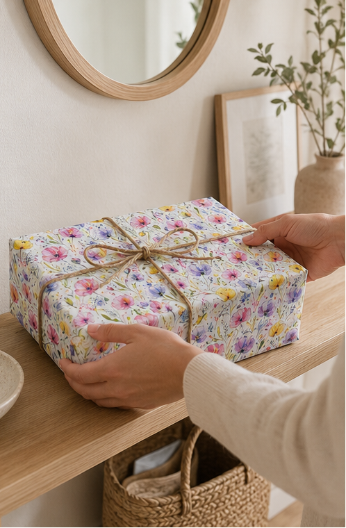 A gift box wrapped in white paper with a colorful floral print and tied with a natural twine bow, being held on a wooden shelf by two hands in a warm, neutral-toned room.