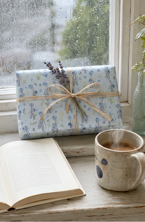 A wrapped gift box with a Power Blue Bonnet Girls Wrapping Paper with a raffia ribbon bow sits on a windowsill next to an open book and a ceramic mug. Raindrops are visible on the window behind it.