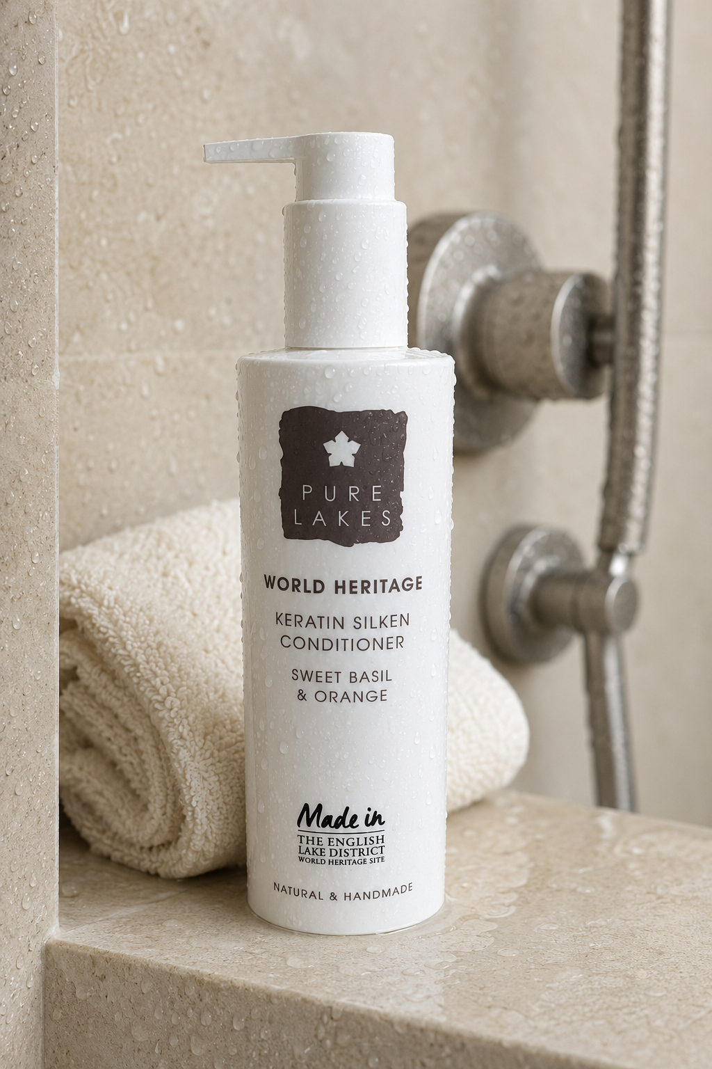 A white pump bottle of Pure Lakes World Heritage Keratin Silken Conditioner in Sweet Basil & Orange scent, placed on a beige stone shelf next to a folded white towel with a shower fixture in the background.