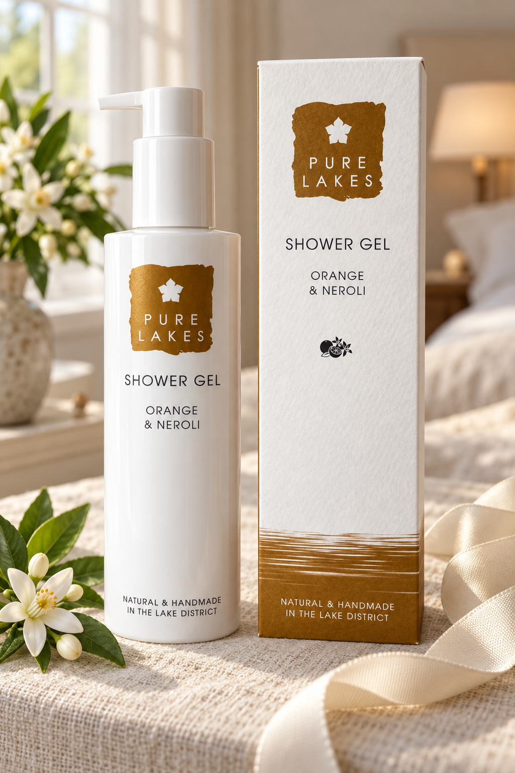 Pure Lakes Shower Gel bottle and matching box displayed on a beige fabric surface with white flowers and a soft indoor background.