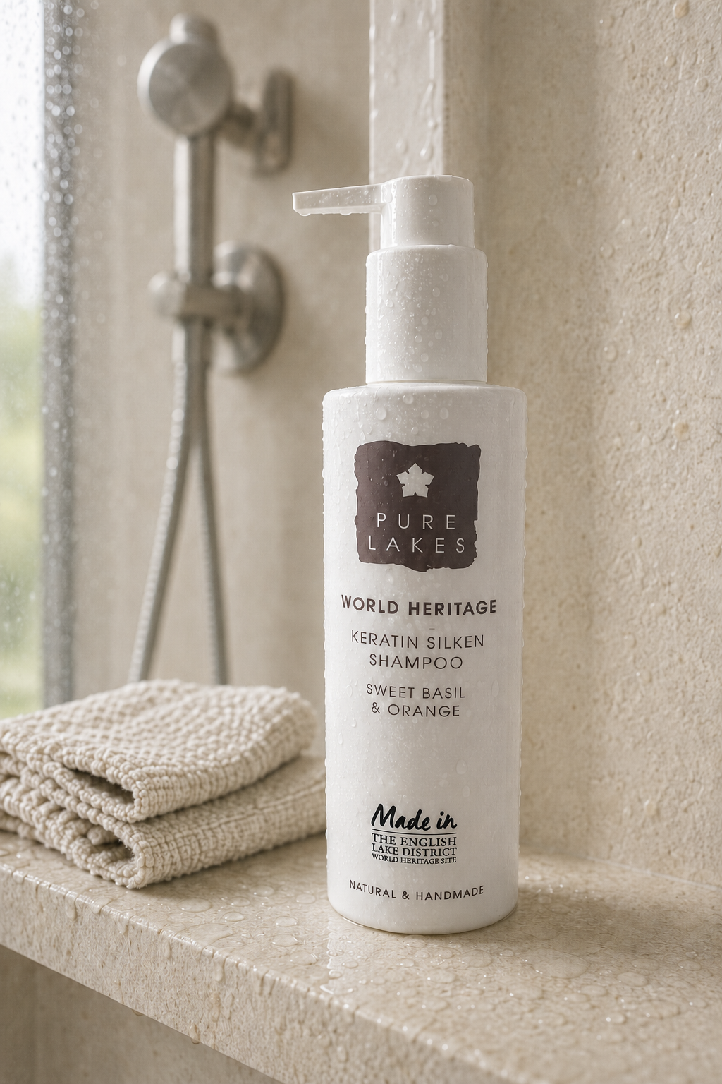 A bottle of Pure Lakes World Heritage Keratin Silken Shampoo sits on a textured stone shelf next to a folded beige towel, with a shower fixture softly blurred in the background.