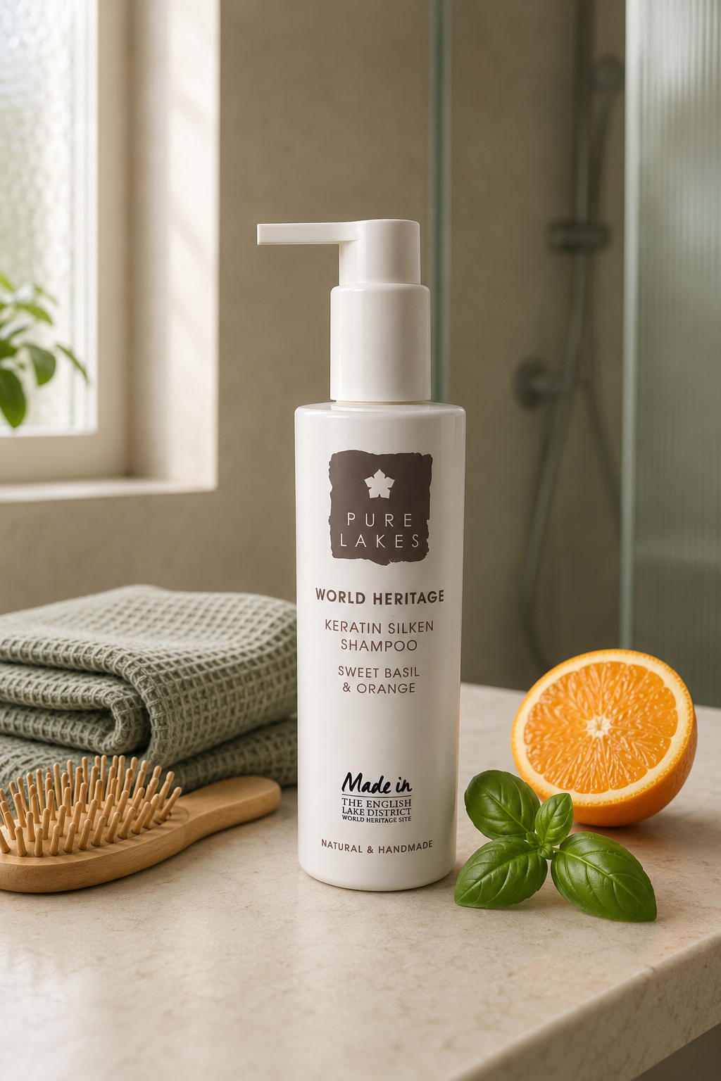 A bottle of Pure Lakes Keratin Silken Shampoo on a bathroom counter, styled with a folded green towel, wooden brush, basil leaves, and a halved orange, with a softly blurred shower background.