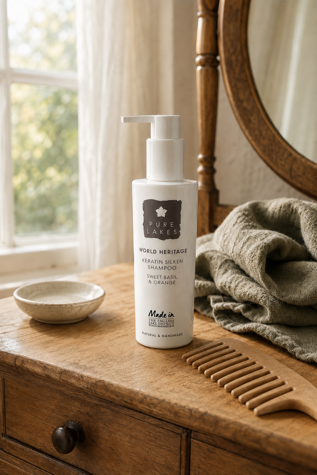 A bottle of Pure Lakes World Heritage Keratin Shine & Cleanse shampoo stands on a wooden dresser in a bedroom setting, next to a small dish, a wooden comb, and a textured green towel.