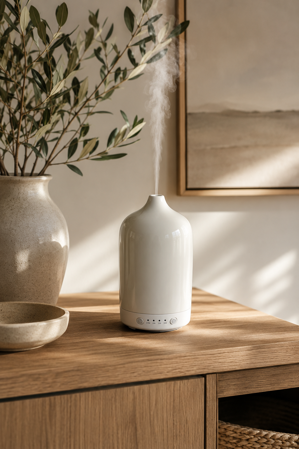 White diffuser on a wooden surface with a vase and branches in the background
