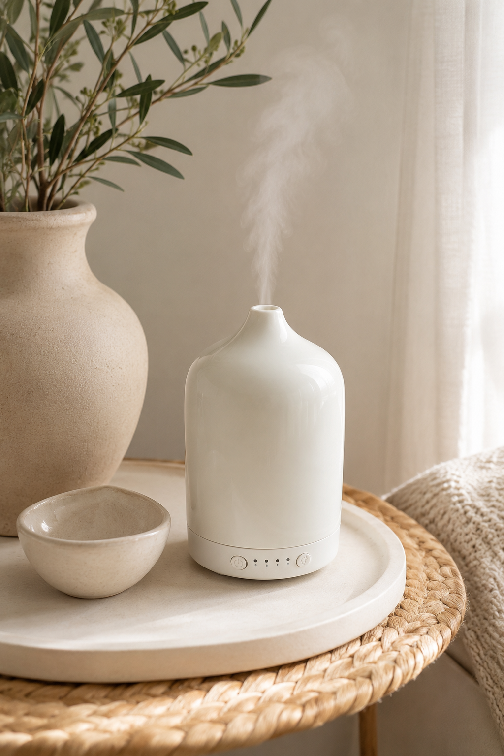 White diffuser on a wooden table with a vase and plant in the background