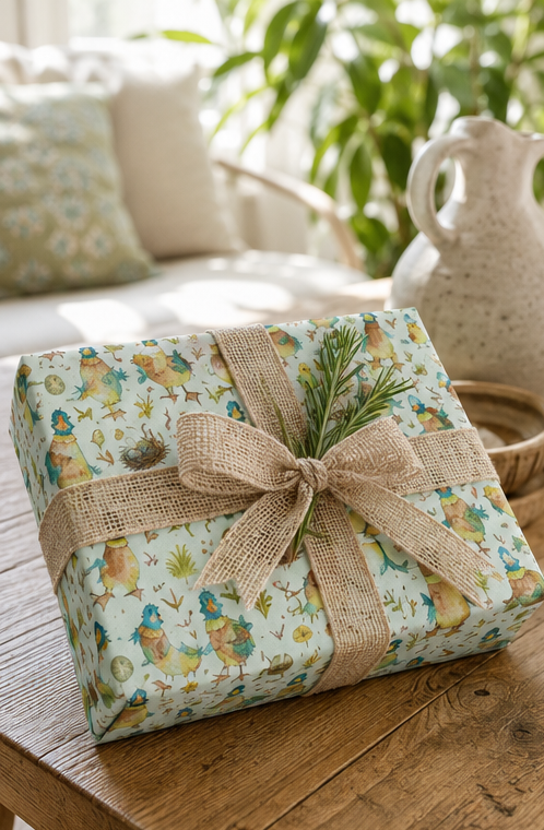 A wrapped gift box with a light blue and green illustrated water colour quirky ducks pattern, tied with a rustic burlap ribbon and bow, sits on a wooden table in a softly lit indoor setting with a plant and ceramic pitcher in the background.