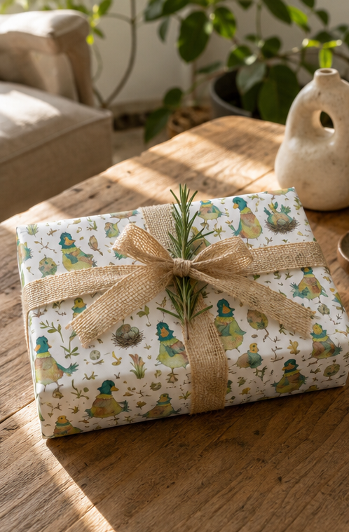A wrapped gift box on a rustic wooden table, covered in cream wrapping paper with a whimsical green and blue Duck character print, tied with a natural burlap ribbon and a small green sprig.
