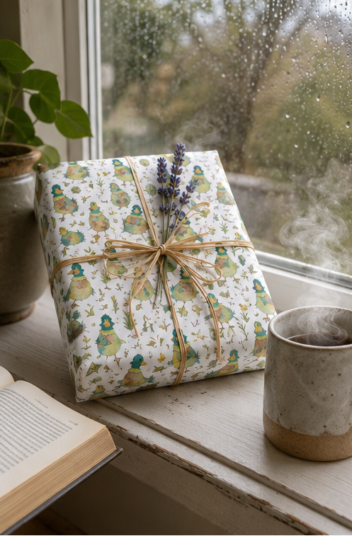 A gift box wrapped in white paper with a green and quirky duck pattern, tied with twine and topped with lavender sprigs, sitting on a windowsill next to an open book and a ceramic mug.