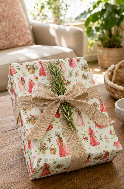 A gift box wrapped in cream wrapping paper with a vintage-style water colour print of women in red dresses and floral motifs, tied with a natural burlap ribbon and topped with a sprig of green rosemary, set on a wooden table in a cozy indoor setting.