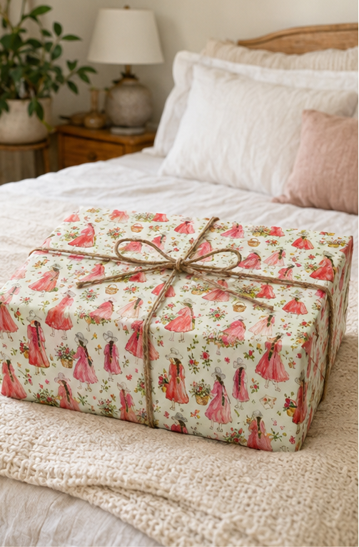 A rectangular gift box wrapped in cream wrapping paper with a repeating pattern of pink and red vintage dresses and roses, tied with a rustic brown twine bow, placed on a bed with white linens and a neutral bedroom background.